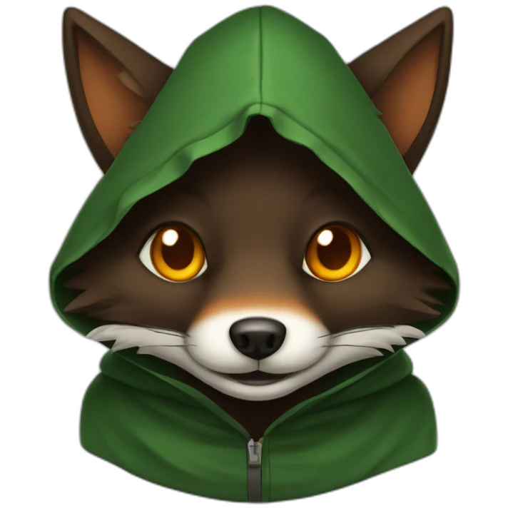 small dark brown fox with orange eyes and a dark green hood that smile emoji