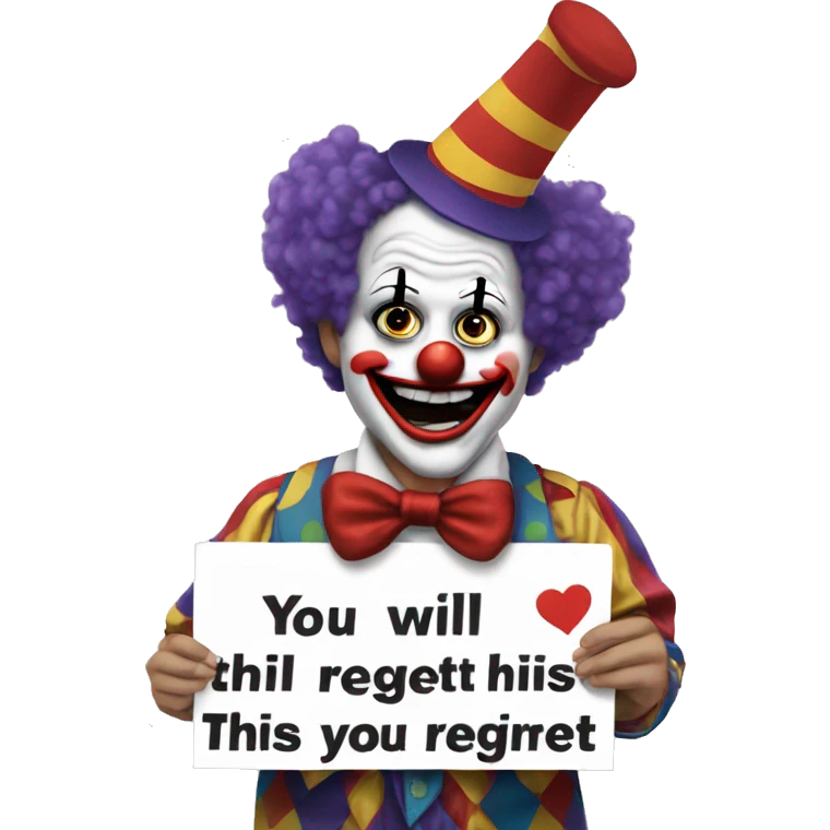 Clown holding a sign stating, "you will regret this" emoji