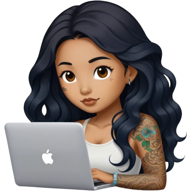 beautiful brown girl, with tattoos, with the long black hair, wavy hair, chinese, with laptop emoji