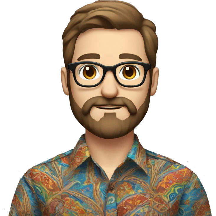 a male teacher with pale skin, black round glasses, brown hair, a beard and moustache, wearing a paisley colorful shirt, add dark eyes and make the glasses more round. Make the eyebrows more sparse emoji