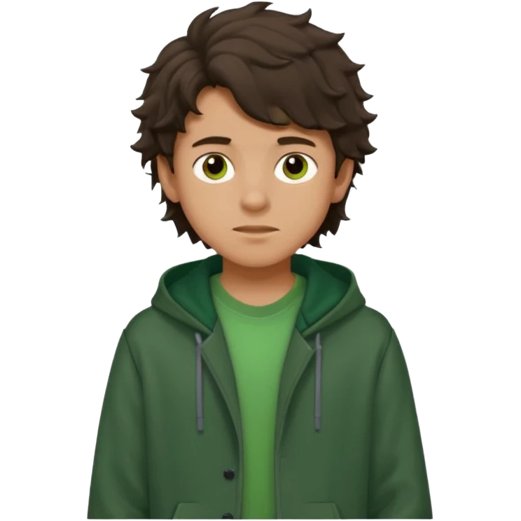 a 14 year old slightly tanned teenage boy with dark brown tousled wavy hair, wearing a green tshirt, with a dark green hoodie overcoat emoji