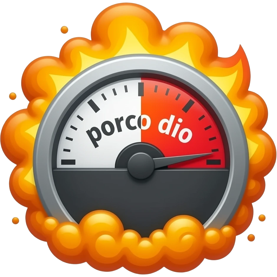 text large font size "porco dio", on a meter, no values, only white to red display, meter to the max red, explosion, fire emoji