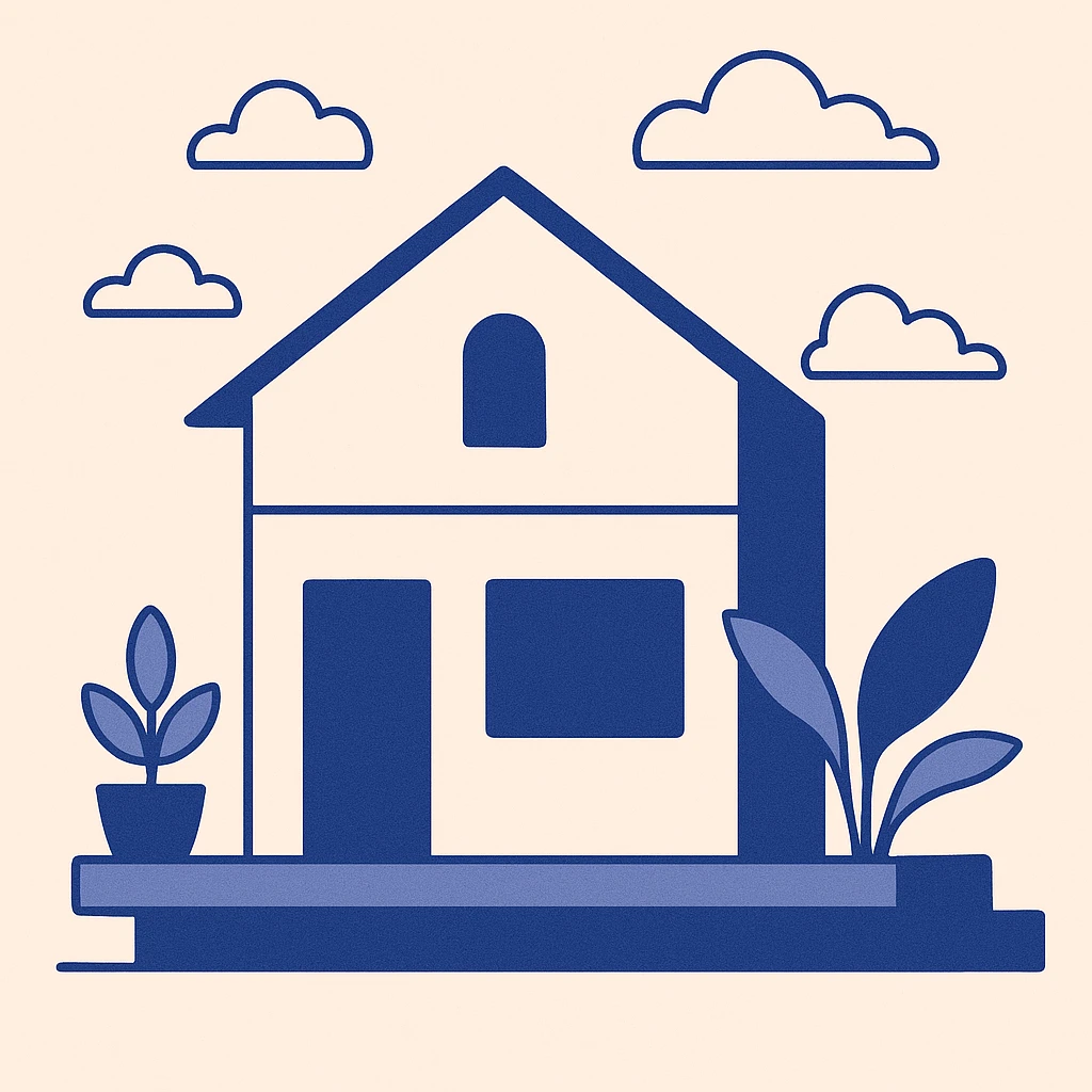 a house with a platform and plants, clean modern illustration style emoji