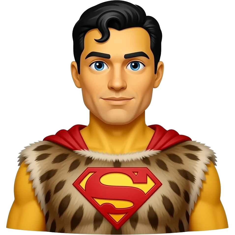 a superman wearing ancient animal skin cloth, half body, icon, yellow skin skin emoji