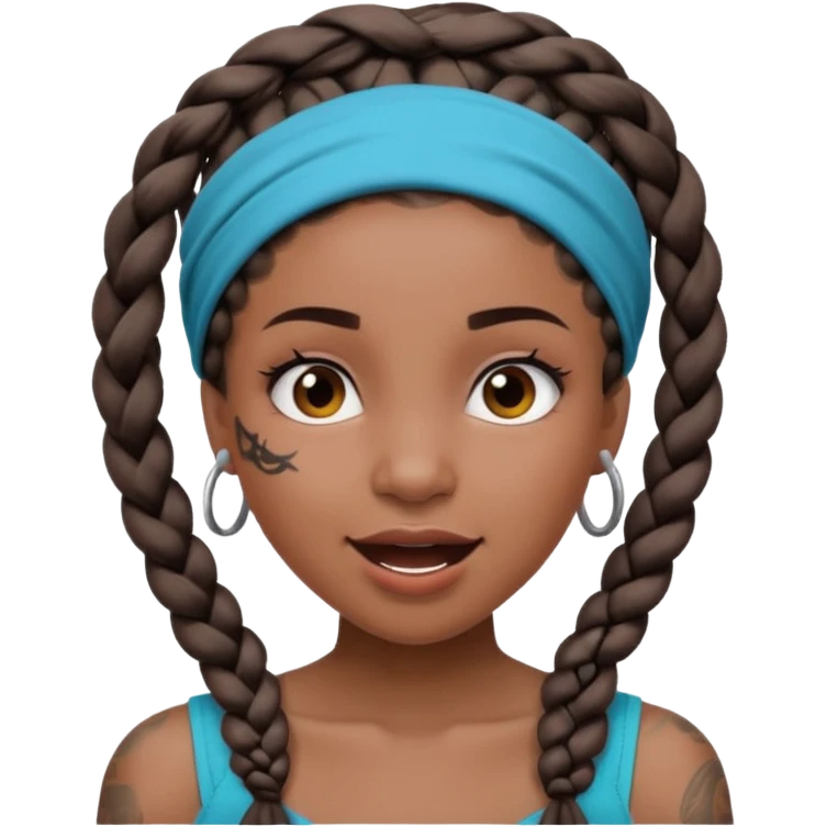 big lose braids starting from the top of the head woman face wiith big visible braids and mono color headband on head excited face and braids as big as headband and lots and lots of face tattoos emoji