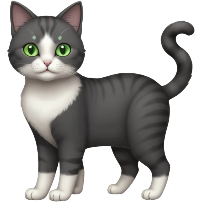 full body view of beautiful female solid dark grey cat with green eyes, white toes/paws and white patch on her chest emoji
