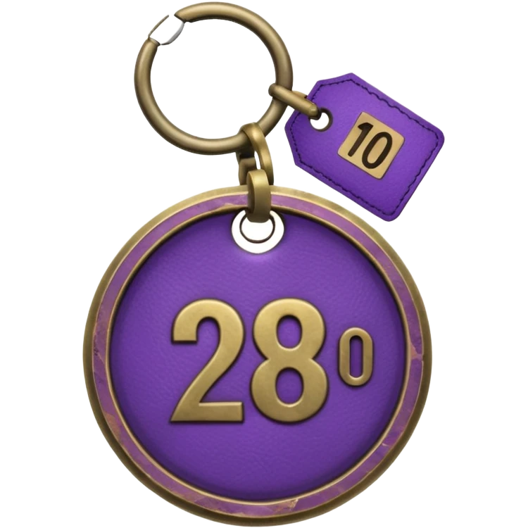 antique brass hotel key with large purple leather room number tag emoji
