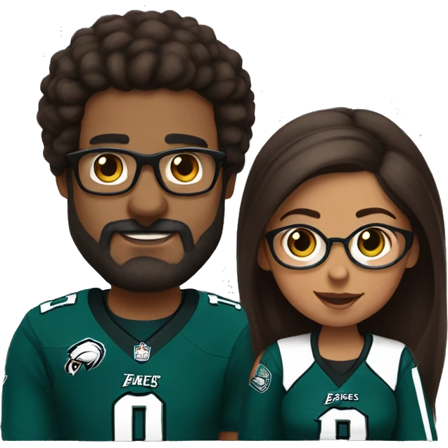 No glasses Brown guy with beard and mustache holding hands with a brown girl wearing glasses and hair in a bun in Philadelphia eagles clothing  emoji