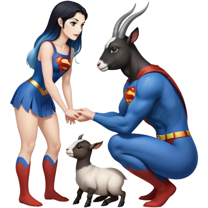 Art of a human white womans body scheme anatomy-very long and straight black to blue hair ombre with-tiny goat antlers-leaning back on knees-superman standing on her right-looking at each other emoji