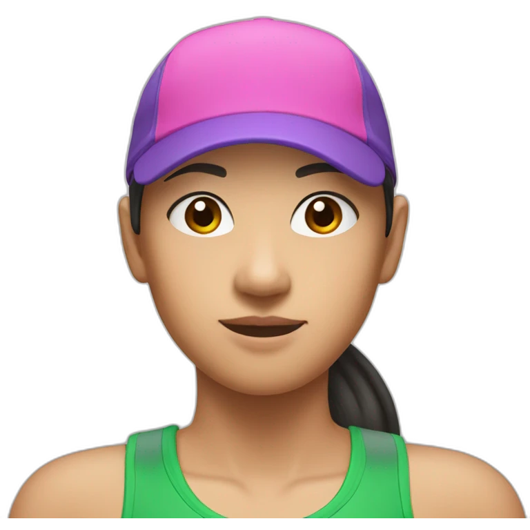 asian woman wearing a green sports cap backwards on her head a wearing a pink and purple singlet emoji
