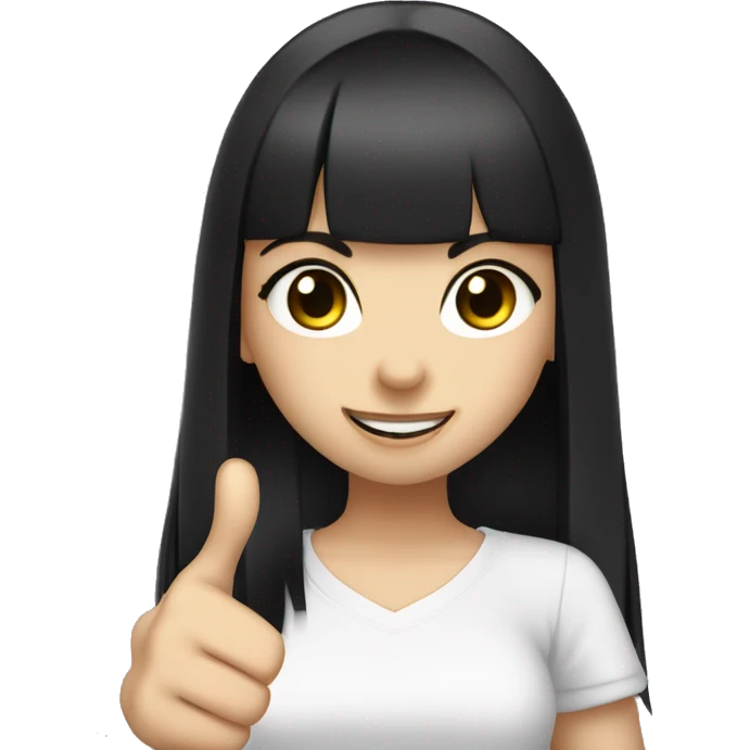 light-skinned girl, 1girl, dark hair, long black hair, bangs, black eyes, blunt  black bangs, white shirt, hime cut, thumbs up emoji