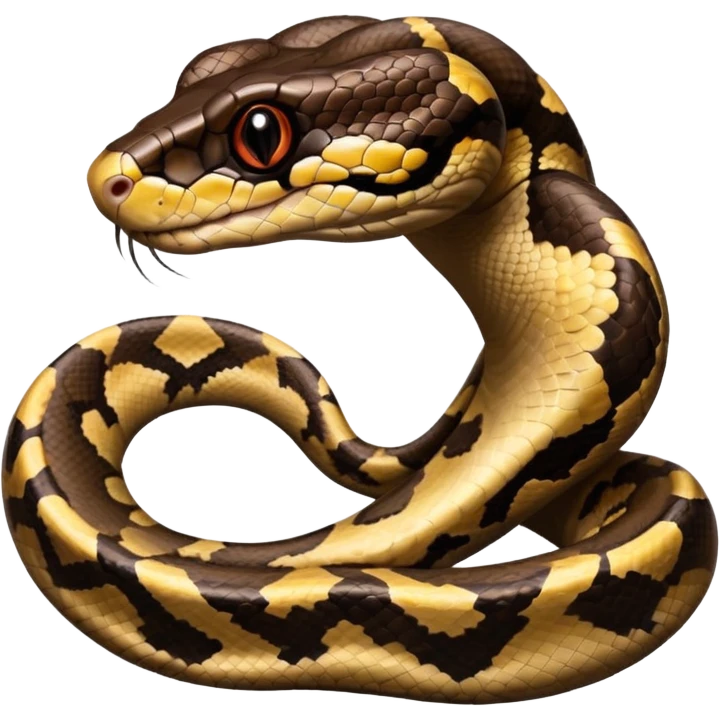 A photo-realistic digital illustration of a Ball Python, large headshot portrait. The snake has a short, rounded snout, smooth contours, and a calm, curious expression. Its head is warm brown with bold, irregular dark markings, including the signature “alien-head” pattern.  emoji