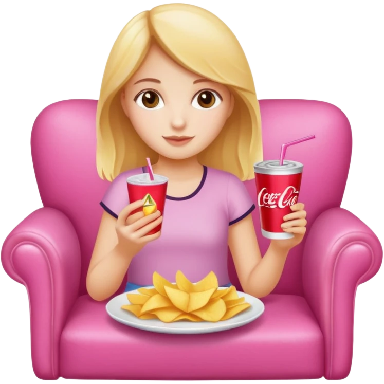 home white girl with plate of chips and soda drink, sitting at the pink sofa emoji