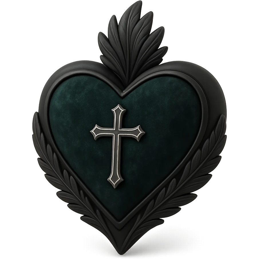 3D black style gothic heart, dark emerald velvet, silver cross, feather details, lush and gothic emoji