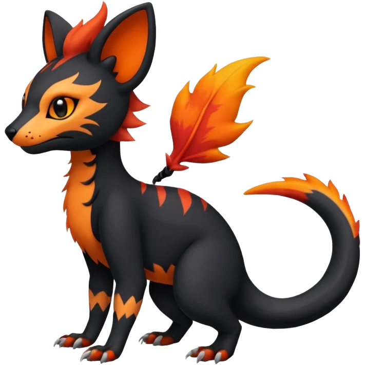 Rare realistic cute gothic Salandit-Litten-Quilava-Genet-species-Fakemon-hybrid-creature, with fiery markings, full body emoji