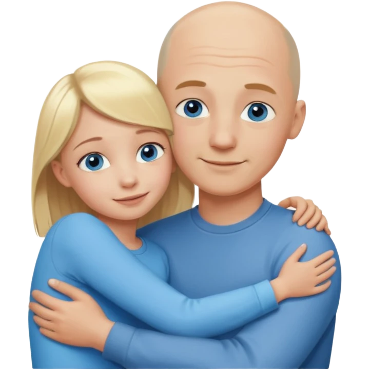 Blonde girl child, blue eyes and happy expression, hugging bald young adult father emoji