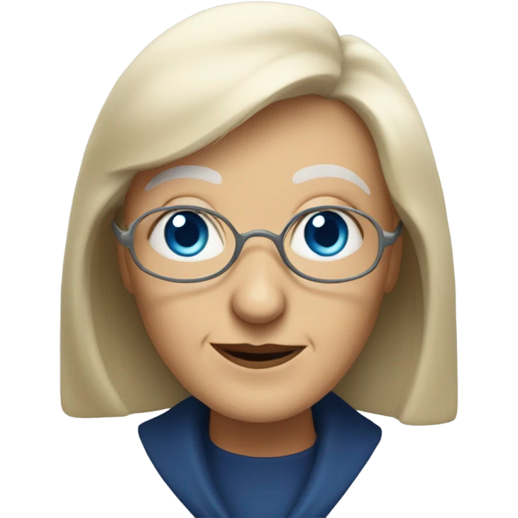 Aged crone woman, shoulder length blonde hair with bangs, blue eyes with wisdom emoji