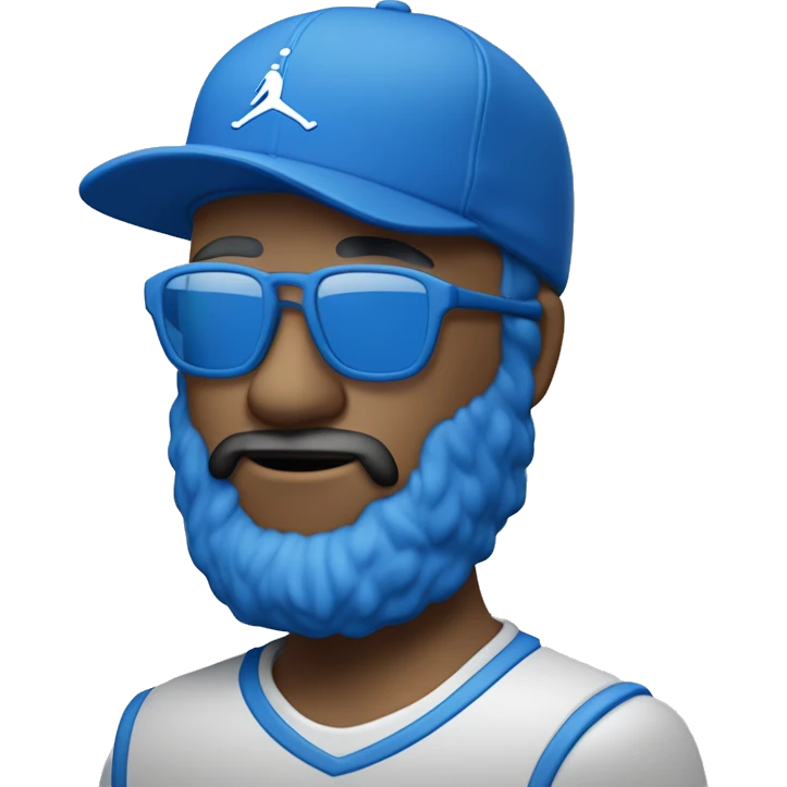 Homme de couleur blanc avec une petite barbe naissante portant des lunettes bleues , une casquette jordan bleu , un survêtement bleu emoji