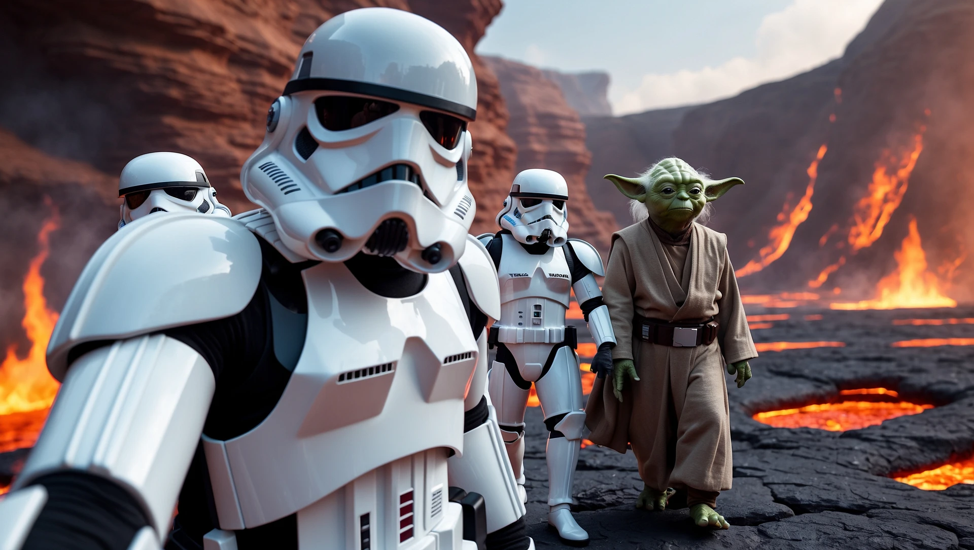 Camera POV, Starwars stormtroopers vlogging selfie, he is walking on lava planet with yoda emoji