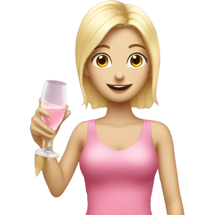 Blonde girl cheering up with champagne over head pink emoji