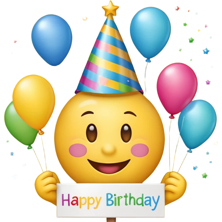 cheerful emoji with a party hat, holding a sign that says 'Happy Birthday!' with colorful decorations emoji