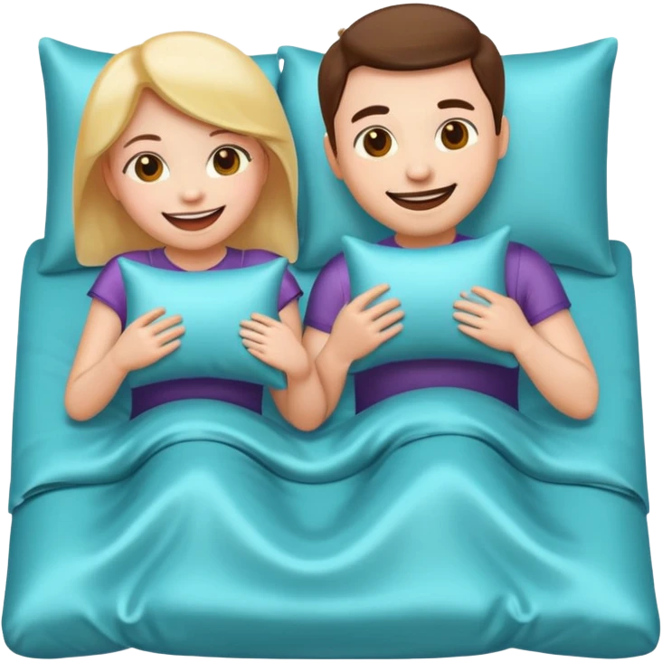 fun emoji depiction of a couple enjoying a pillow game on a bed with glossy silk sheets, happy and energetic emoji