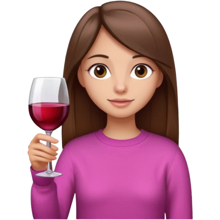 Girl with long straight brown hair, brown eyes holding glass of wine, wearing a pink sweater emoji