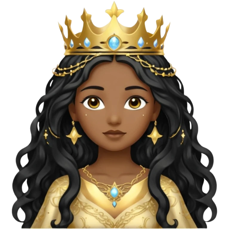 a black beautiful angel with gold pattern on her face and and long wavy black hair, she wears a ethereal crown with sparkling strings and a beautiful sparkling golden gown with moon crest in the middle of the gown, her face calm, gentle and kind, magical aura around her emoji