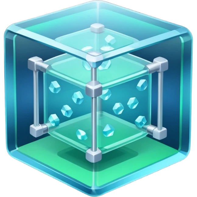 Isometric 3D transparent glass cube with rounded edges, corner bolts, and three floating server layers inside. Holographic panel on top. Cool blue tones on dark navy background.
 emoji