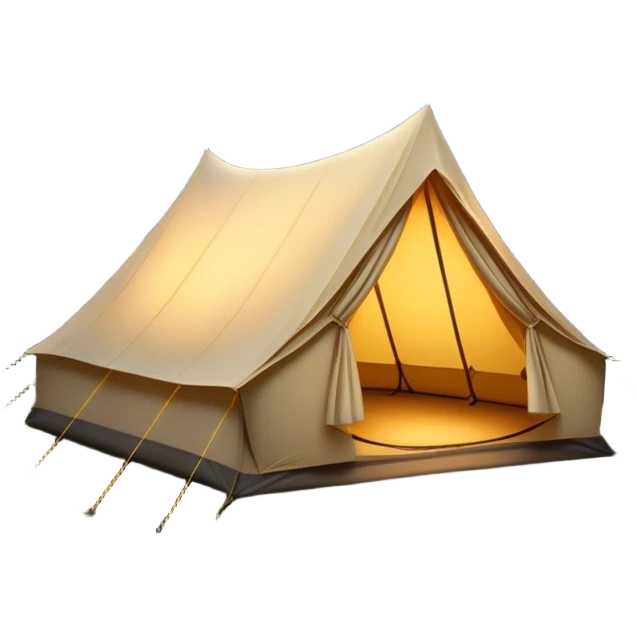 Cinematic Realistic Tent, a sturdy canvas tent nestled among tall trees, warm golden light spilling from inside, gentle folds in the fabric visible, glowing against the cool, dark forest backdrop, evoking a sense of adventure and comfort. emoji