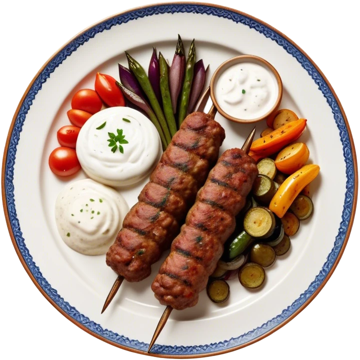 Cinematic Realistic image of a long, hand shaped Turkish Köfte, rendered with richly spiced meat textures and subtle grill marks, artfully arranged on a traditional Turkish ceramic plate alongside classic sides such as a serving of aromatic pilaf, crisp grilled vegetables, and a dollop of creamy yogurt, all bathed in warm, appetizing lighting that emphasizes its savory allure. emoji