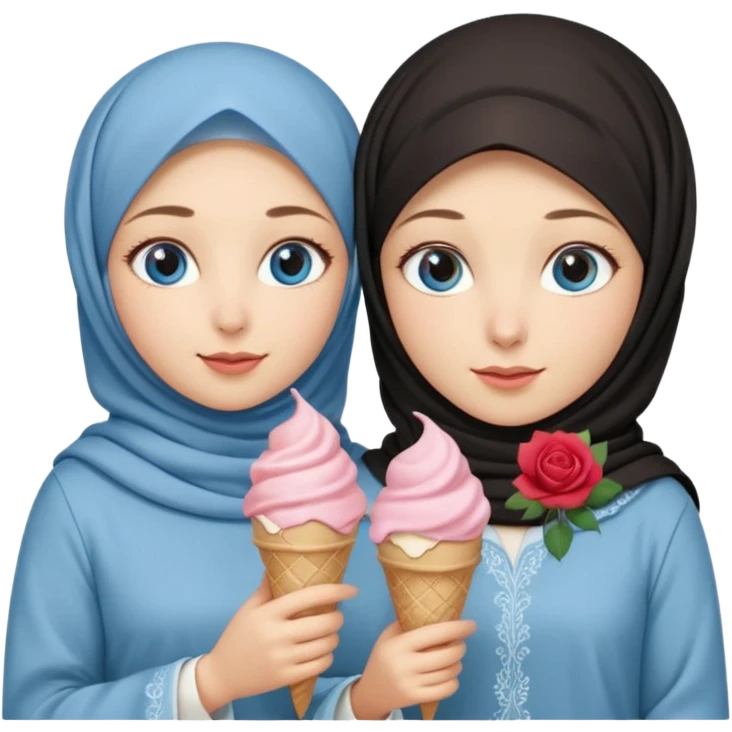 Turkish beautiful finish Konya two girls blue eyes with beige hijab islamic dress and had on her hand Rose ice cream emoji