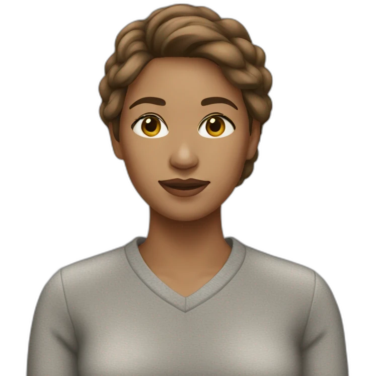 A woman with a light skin, brown hair and a gray pull over emoji