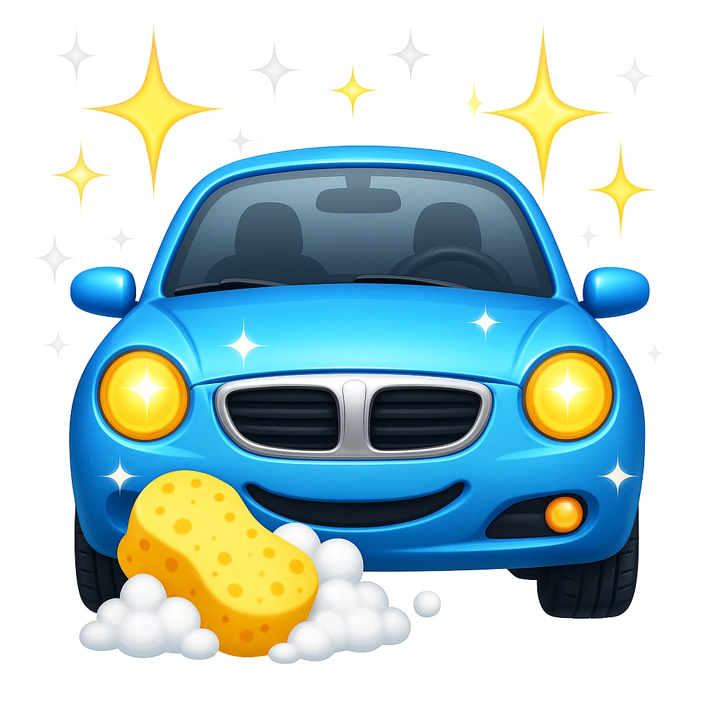 Remix the car wash with sparkling clean car emoji, add creative new elements or effects while keeping the car and clean theme, in the style of emoji (apple style emojis). emoji