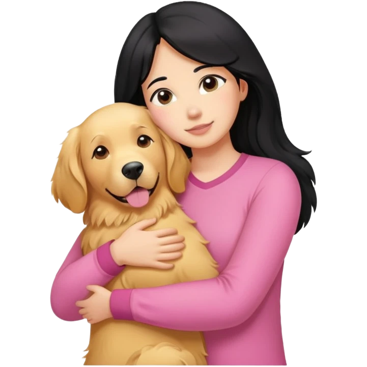 A black-haired, fair-skinned woman in a pink shirt hugs a big golden retriever. emoji