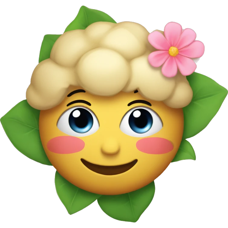 An agry blushing face, with cute eyes, a cupke and a flower emoji