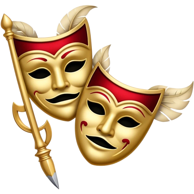 Create a bold and dramatic emoji representing the art of playwriting. The design should feature an open script or a theater playbook, with stylized text lines or dramatic dialogue inside. Include elements like a theatrical comedy and tragedy masks, a stage spotlight, or a writting quill to symbolize creativity and performance. Use deep, contrasting colors like red, black, and gold to evoke the intensity and passion of drama. The overall design should feel dramatic, inspiring, and artistic. Make the background transparent. emoji