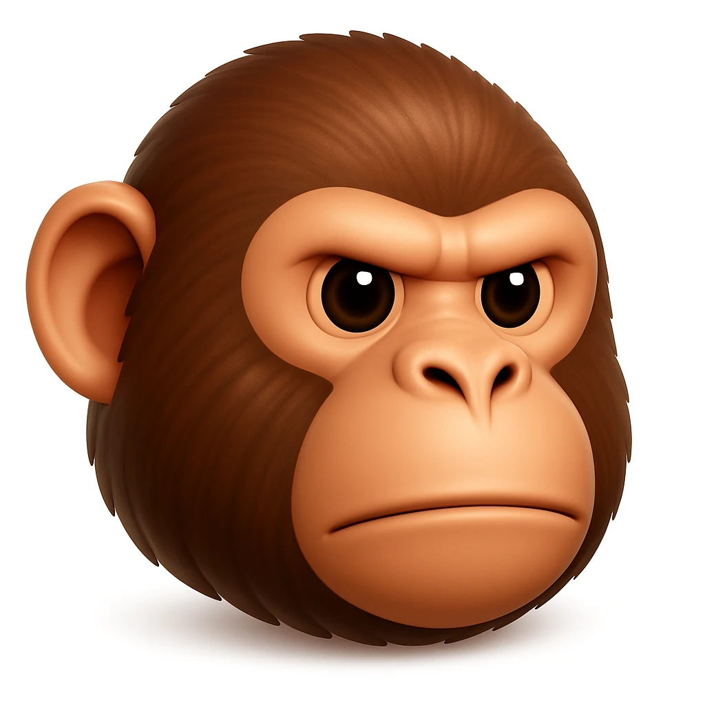 Keep the image exactly the same, just make the fur brown instead of green. iOS emoji style, 3D, shiny, smooth gradients, soft shadows, realistic chimpanzee face, classic emoji look. Add a soft shadow under the face. The style should resemble the iOS 3D emoji style with shiny and smooth gradients and soft shadows. emoji