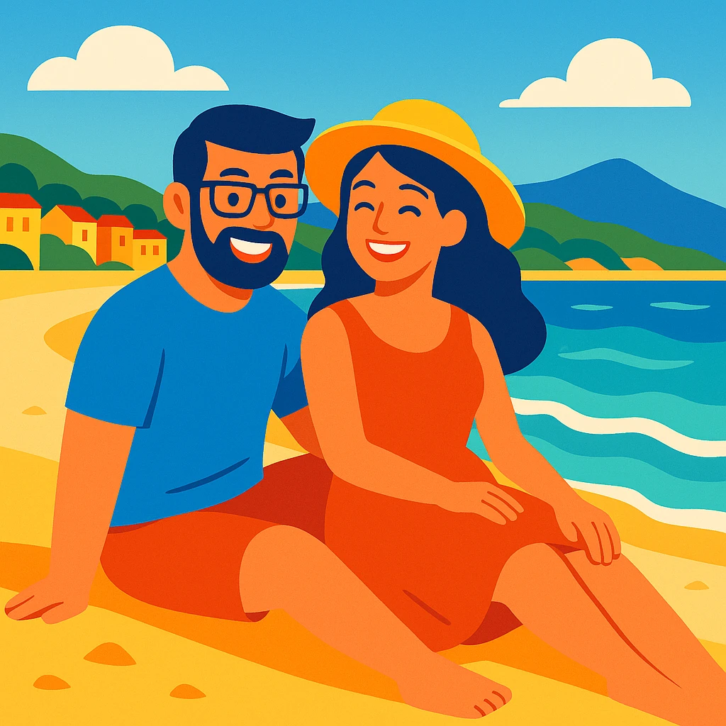 husband and wife sitting on a sandy beach in Spain, smiling, with Spanish coastline and gentle waves, cheerful and bright emoji