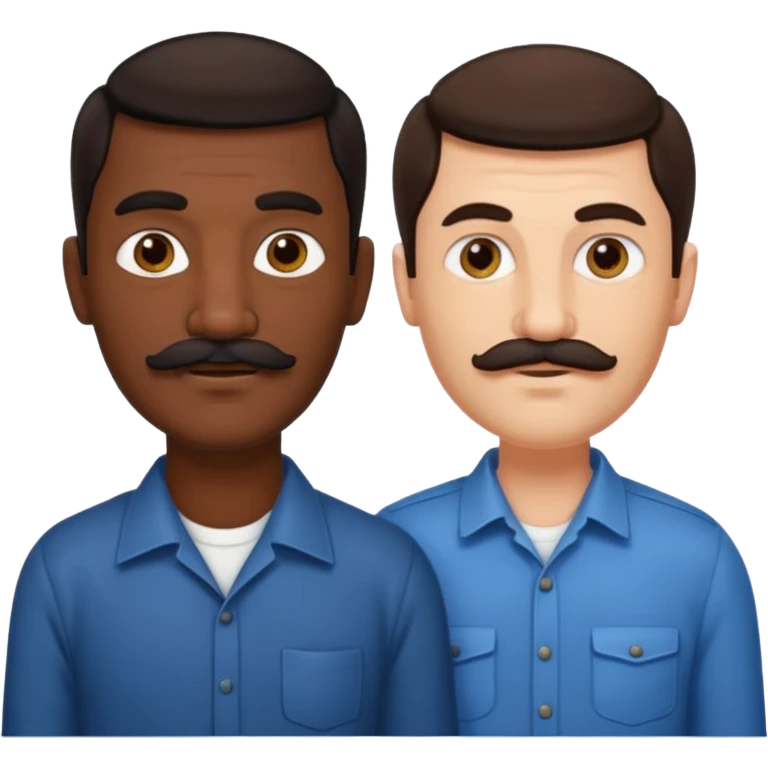 Gay couple. Tall dark indian man with mustache and shorter white man with dark brown hair and no mustache. emoji