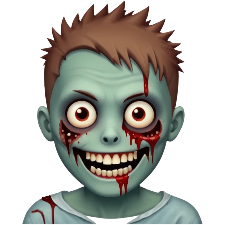 zombie boy with brown short spiky hair, white skin, and white eyes; an open smile, and bloodied teeth; emoji