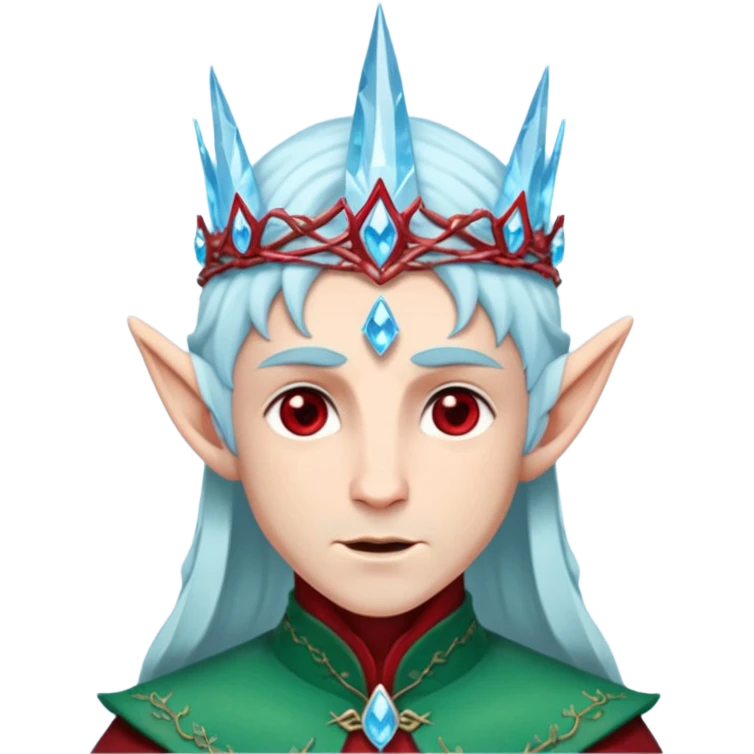 Fantasy elf portrait emoji, icy blue crystal crown with deep red accents, elegant elven features, cold noble winter expression, ice and crimson color palette, minimal clean design, flat readable emoji style, male variant emoji