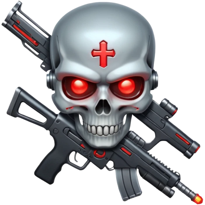 Sci-fi shield badge, terminator style skull, glowing red eyes, crossed futuristic assault rifle and energy sword, no background emoji