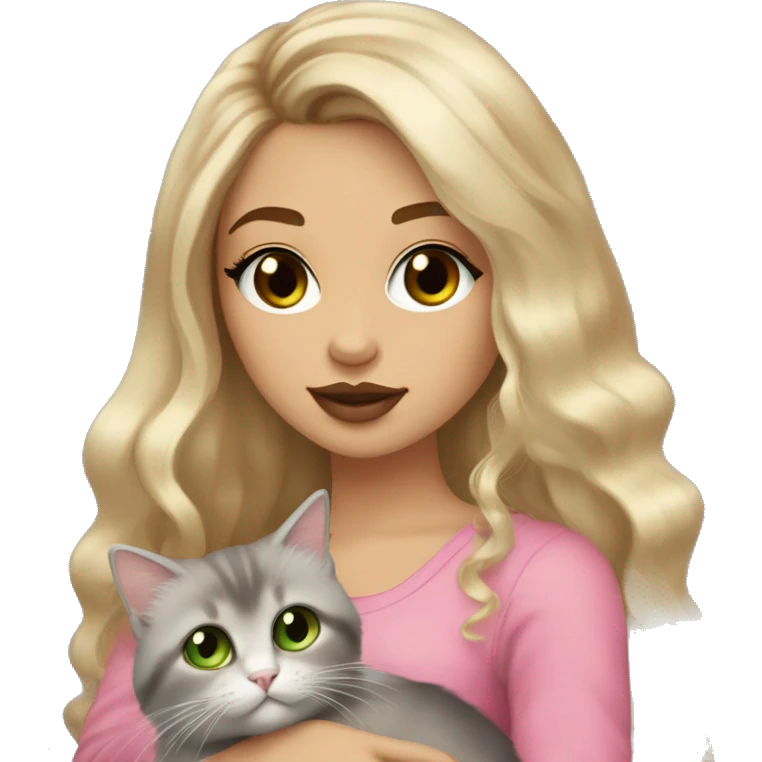Girl, Blonde colored hair, long hair, Brown Green eyes, wearing false lashes, big pink lips with gloss on it, wearing gold earings, skin tone is Coffee, in her arms Holding a Grey ragdoll cat emoji