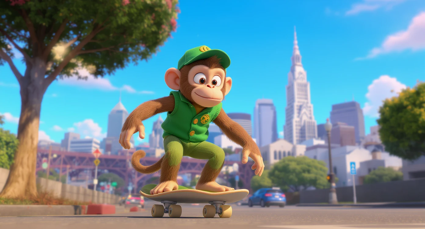 Disney style Cinematic still scane, Low angle shot, monkey dress in green outfit, monkey ride on skateboard, san francisno downtown with city lanscape, blue clean sky, captured by ARRI Alexa XT, soft cinematic lightning, back light, inspired by ToyStory 4 emoji