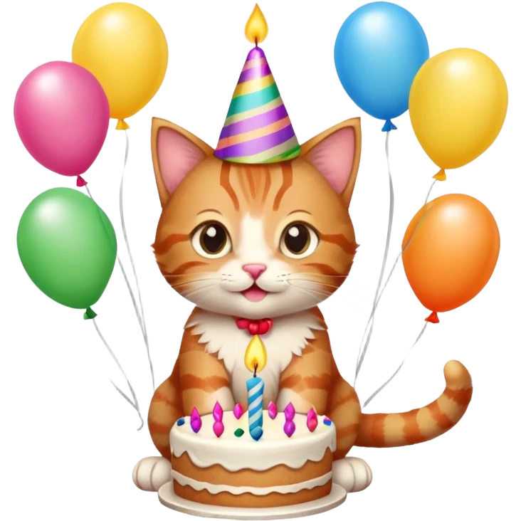 Ginger tabby kitten celebrates birthday, birthday hat, birthday cake, one candle, balloons, happy, gifts emoji