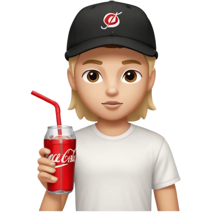 generate a pretty bratz boy with a nike black baseball cap, a white tshirt and drinking coke  emoji