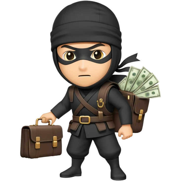 Ninja with briefcase full of money, cash sticking out, stealthy pose emoji