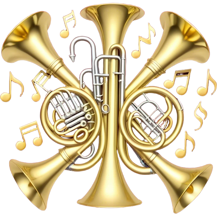 Create a festive and elegant emoji collage featuring a bouquet or fan of bells of wind instrument  (trumpets, saxophones, trombones, tubes, etc.) arranged in a radiant, symmetrical pattern. The instruments should have polished, golden and silver finishes, with their large, shiny bells forming a beautiful, fan-like display. Include a flowing ribbon of musical notes swirling through the center, conveying movement and melody. The background should feature a deep red velvet texture, adding a touch of luxury and sophistication. The overall composition should be balanced, with an elegant and regal feel, with a transparent background to keep focus on the instruments and musical elements. emoji