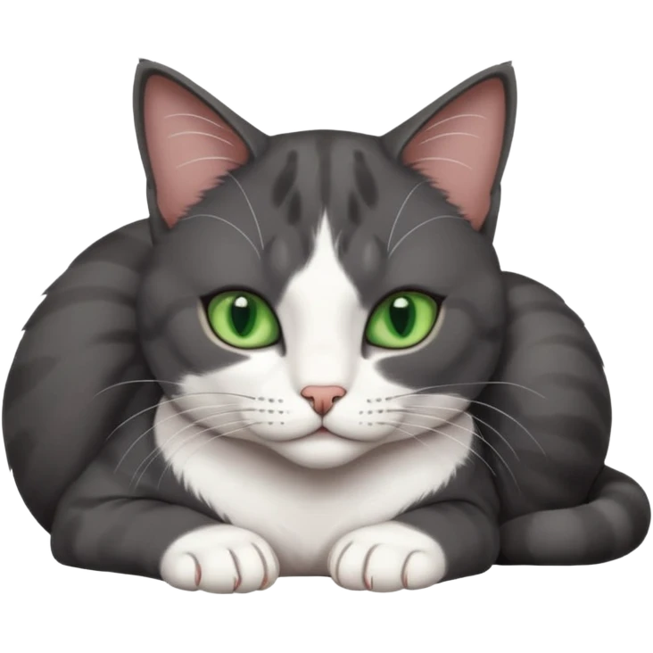 beautiful female solid dark grey cat with green eyes, white toes/paws and white patch on her chest lying down emoji